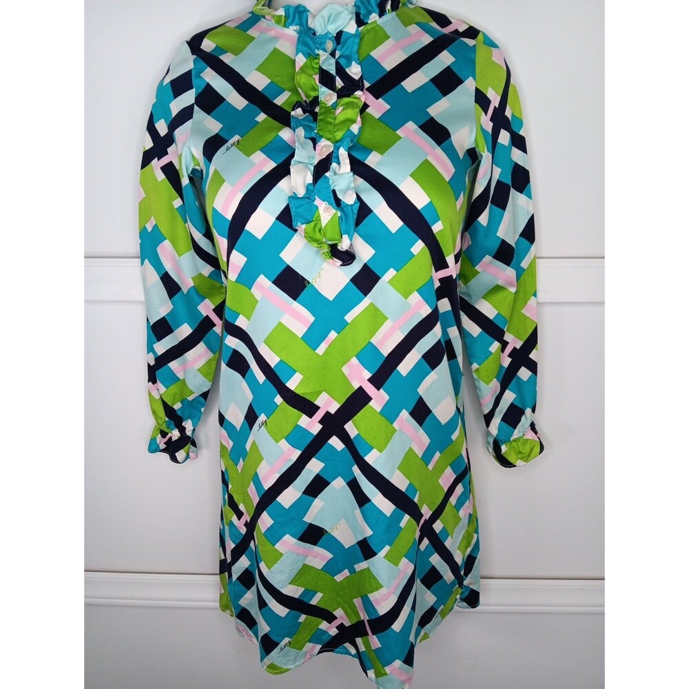 Lilly Pulitzer Signature Geometric Print Shift Dress Girl's 14 Ruffle Front LS